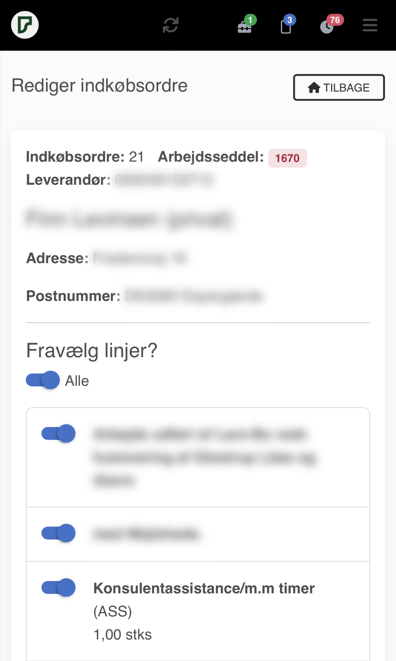 Menu i bunden af oprettelsen af ny indkøbsordre