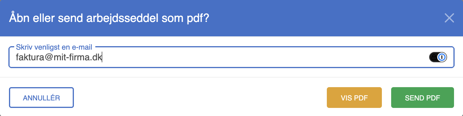 Værktøjslinjen – dropdown-liste til oprettelse af pdf