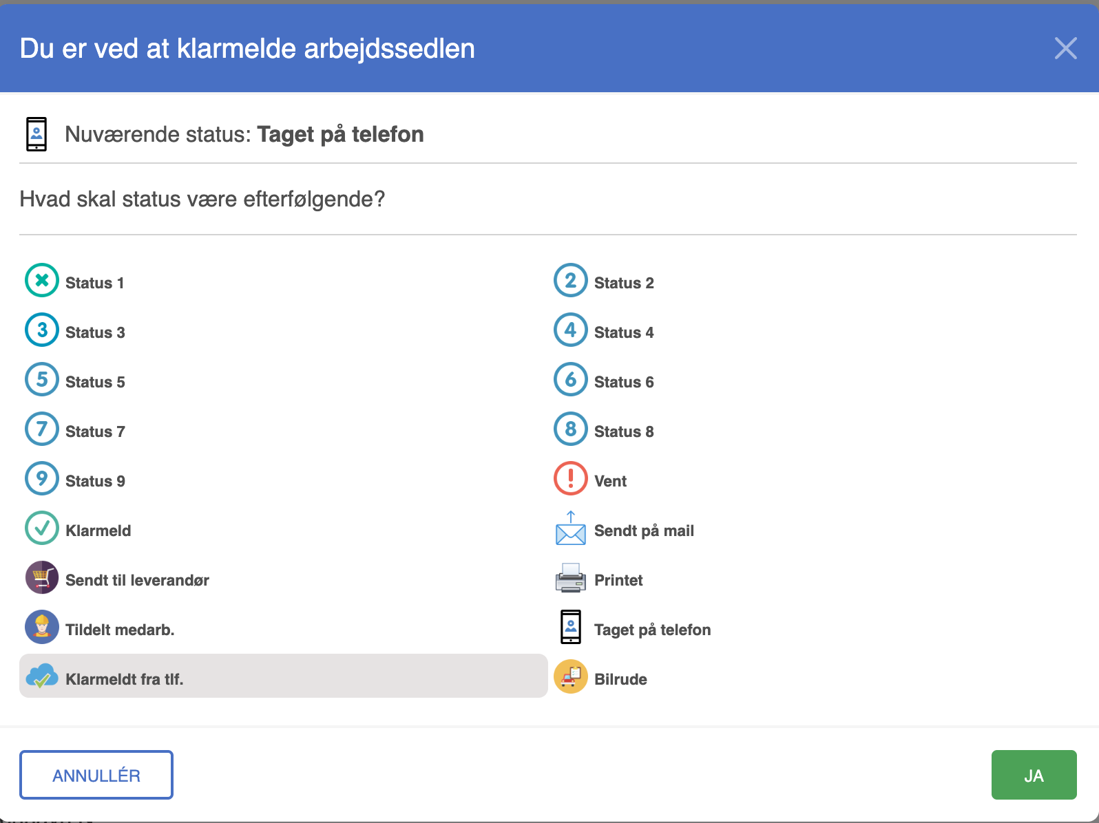 Værktøjslinjen – vindue til klarmelding af arbejdssedler